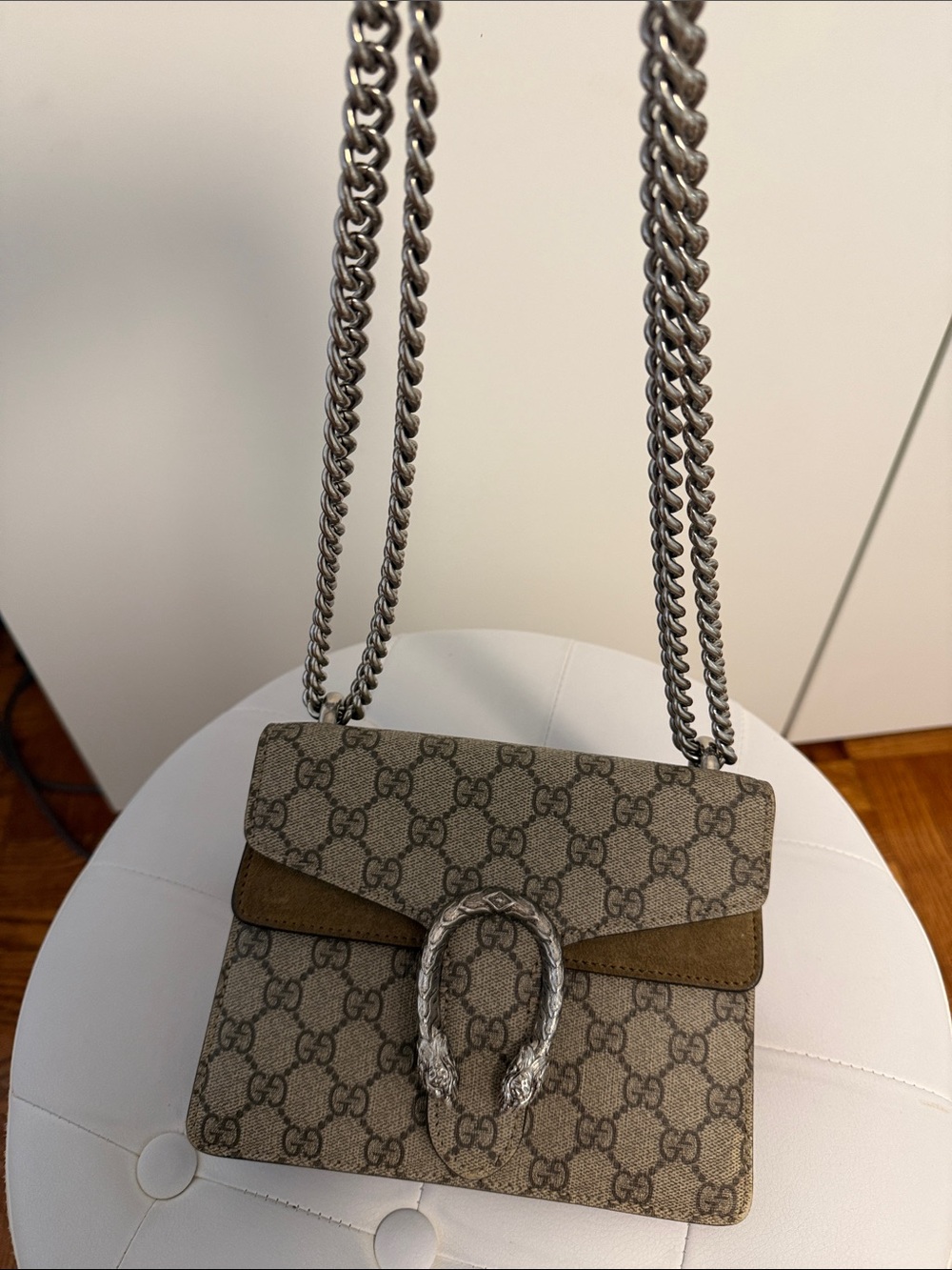 Gucci Beige GG Supreme Dionysus Crossbody Bag with Brown Suede Trim